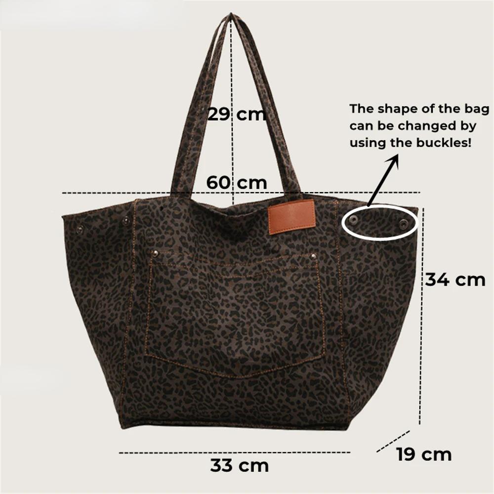 Oversized Leopard Prints Shoulder Bags For Women Deformable Canvas Large Capacity Shopping Totes 2024 Winter New Luxury Handbags