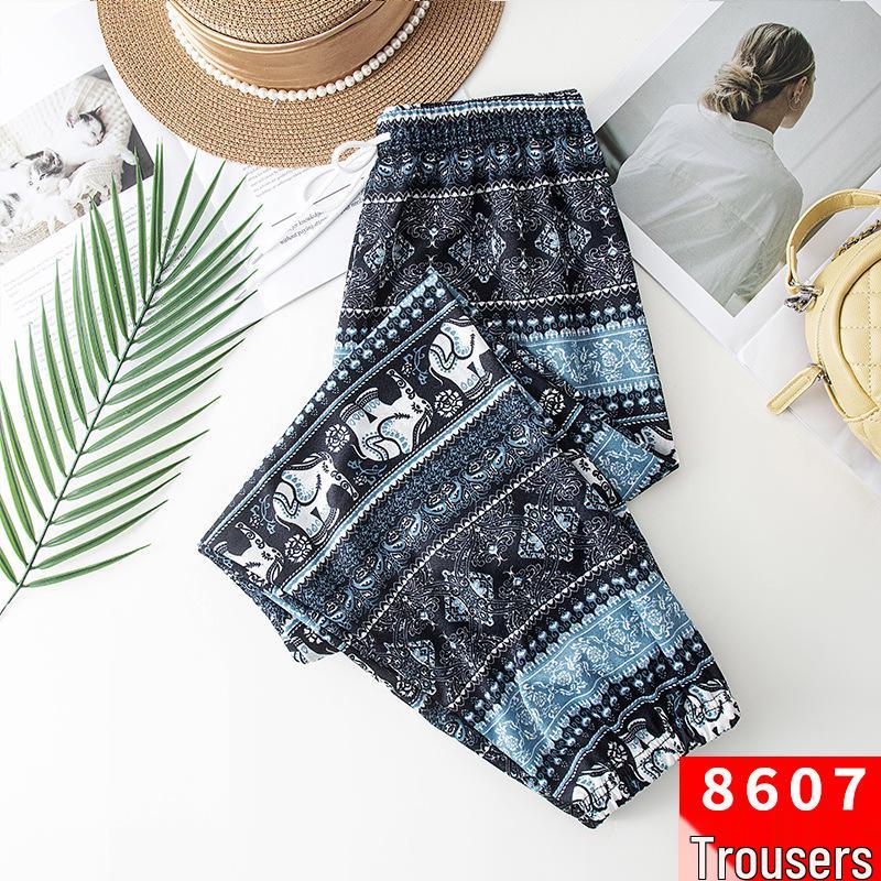 Damen Thai Elefantenmuster High-Waist Gecroppte Haremshose mit Bündchen - Ethnischer Sommer Weitbein-Stil
