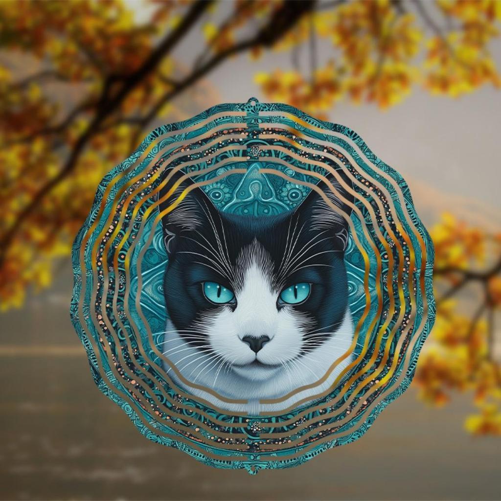 10 Inch Metal Wind Spinner Double Sided Cat Design Blue White Stained Glass Effect No Battery Needed with Hanging Hook Easy Install for Garden