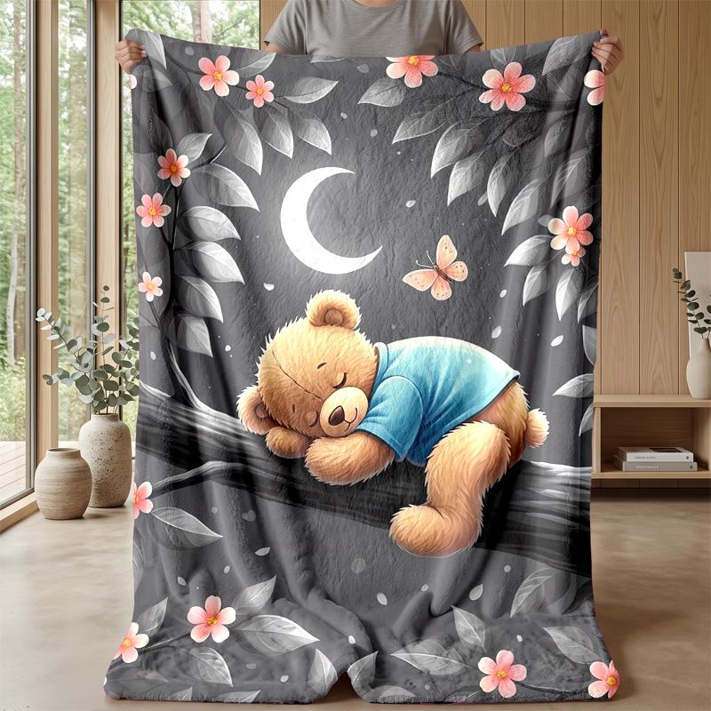 Teddy Bear Sleeps On Branch Under Moon Theme Blanket Lightweight Warm Flannel Blanket Decorative Throw Blanket for Home Decoration