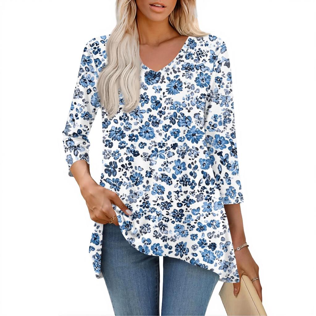 Damen Oberteile V-Ausschnitt 3/4 Ärmel Blusen Lässige Mittellange Hemden Mode Druck Tunika Oberteile