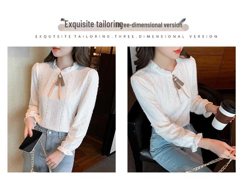Women's Autumn/Winter Lace Half-High Neck Shirt with Velvet - 2023 Trendy Innerwear Fashion Top