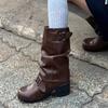 Fashion 2024 New Spring and Autumn Women's Boots Fashion Square Toe Medium Heel Solid Color Glossy Buckle Sleeve Women's High Boots