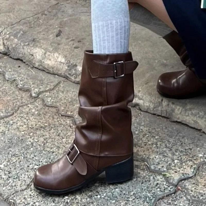 Fashion 2024 New Spring and Autumn Women's Boots Fashion Square Toe Medium Heel Solid Color Glossy Buckle Sleeve Women's High Boots