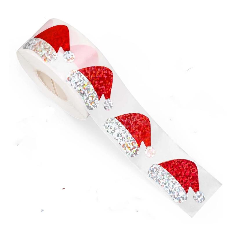 500Pcs/Roll Red Christmas Santa Hat Stickers With Glittering Self-Adhesive Waterproof Decoration For Cards, Christmas Decoration