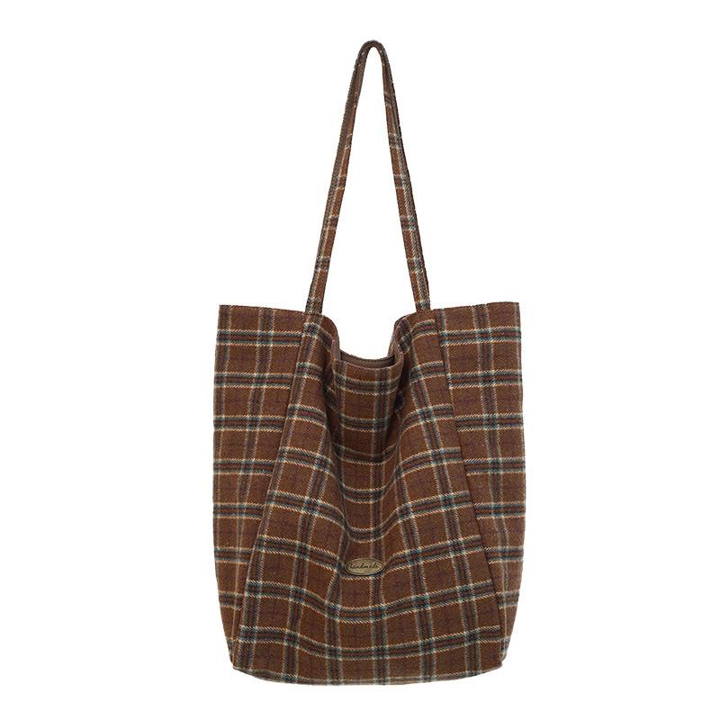 Plaid canvas bag women's autumn and winter new tote bag casual large capacity portable shoulder cloth bag lazy wind