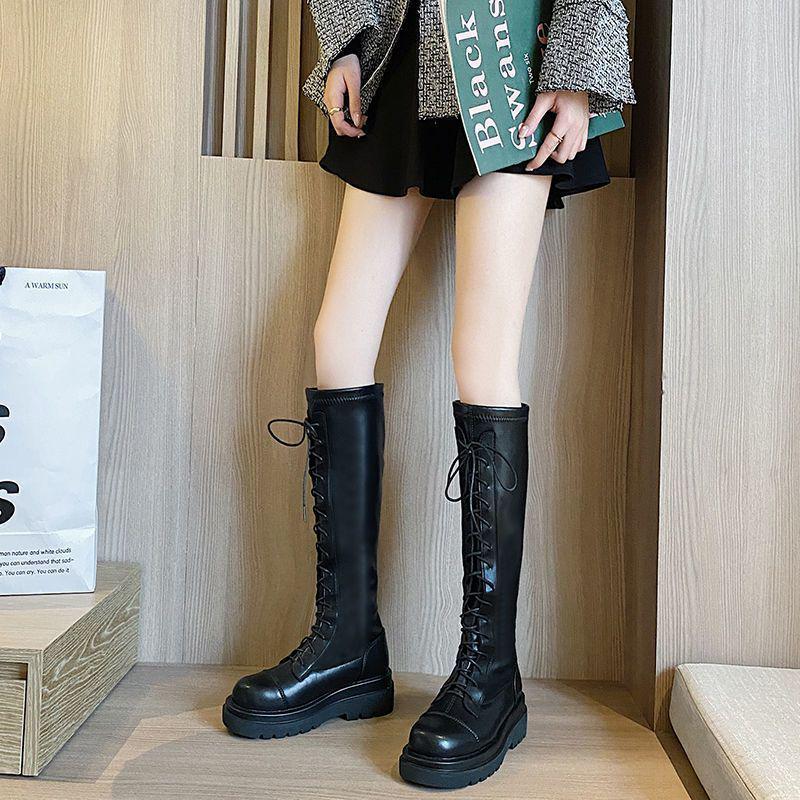 Women's Black Leather Thigh-High Lace-Up Platform Boots - Over-the-Knee, Height-Enhancing, Riding Martin Style