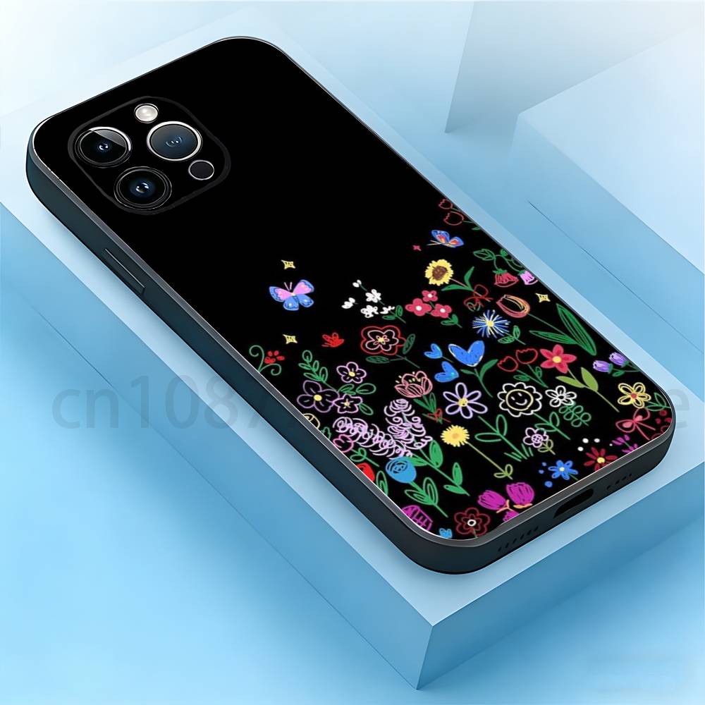 

Flower Phone Case For iPhone 17,16,15,14,13,12,11,XR,Pro,Max,Plus,mini, Silicone Black Cover iPhone16promax