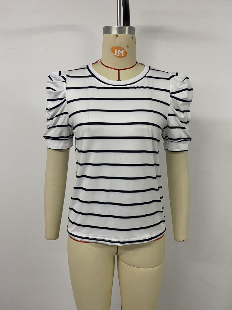 Summer 2026 New Arrivals: Simple Style Puff Sleeve Striped Women's T-shirt