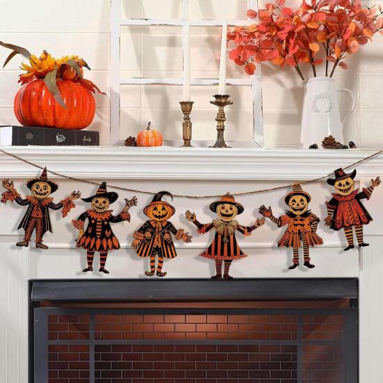 Yousheng 1/6Pcs Halloween Pumpkin Man Bunting Spooky Rustic Wooden Pumpkin Man Hanging Garland Table Sign Festival Ornament Decoration
