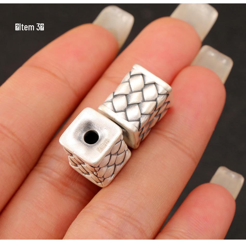 S999 Sterling Silver Woven Square and Barrel Spacer Beads - Retro Lu Lu Tong DIY Braiding Accessories