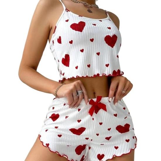 Women's Heart Print Ribbed Pajamas Set Crop Cami Tops And Shorts Cute Pjs
