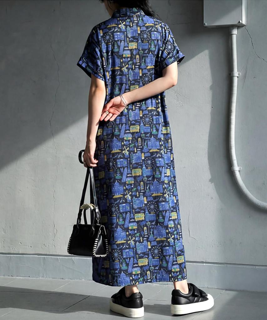 Antiqua Pullover Dress with Street Skipper Relaxed 05 Black One Size [antiqua] Women's Short-Sleeved Long-Length Pattern, Collar, All-Over Print,