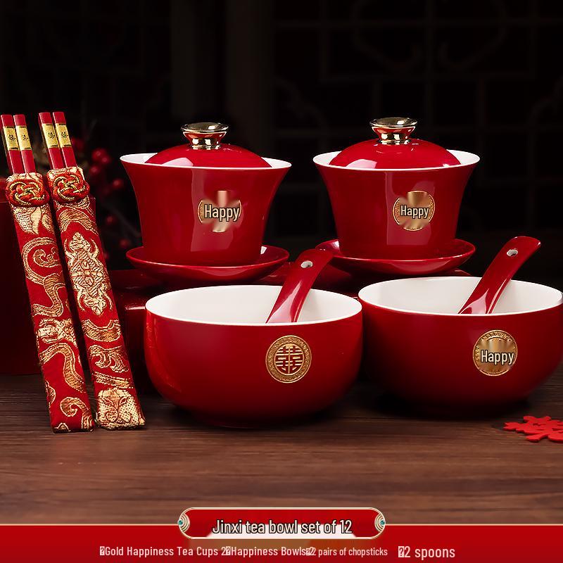 Festive Red Wedding Tea Set: Lidded Bowls, Tea Cups, and Chopsticks