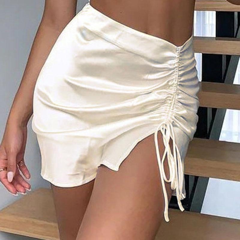 Satin High Waist Solid Color Women Drawstring Split Package Hip Pencil Skirt