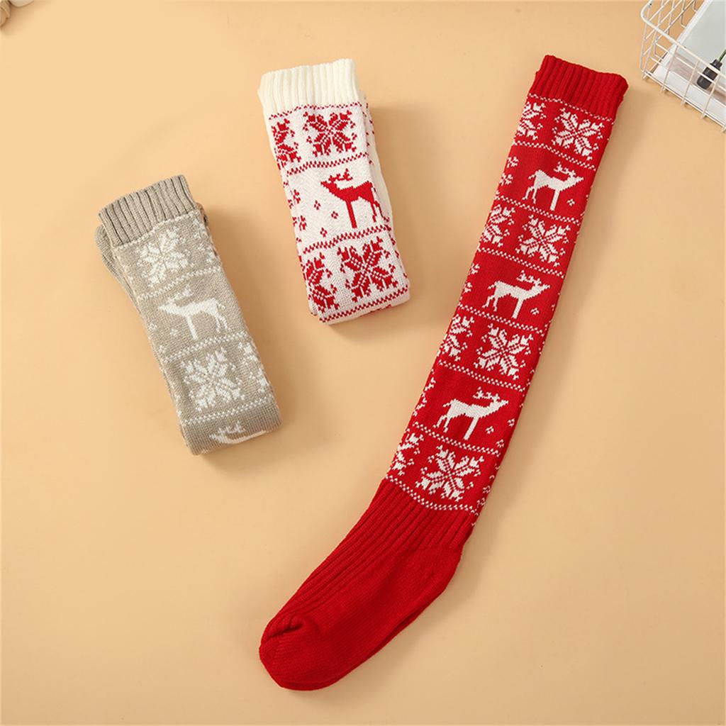 Modische Damen Kniestrumpf Weihnachtsstrümpfe mit Rentier Schneeflocken Muster Festival Gestrickte Über das Knie Lange Socken