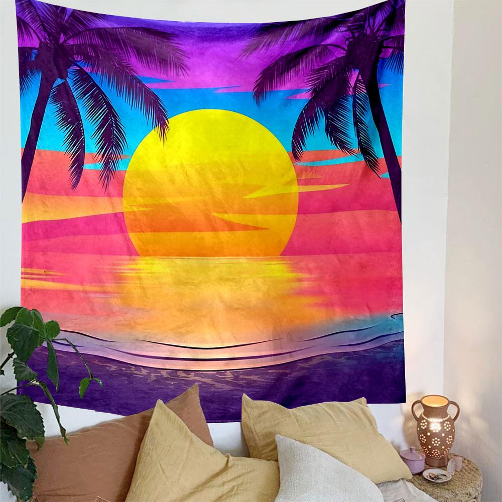 Tropical Sunset with Palm Trees Patterned Tapestry Decorative Wall Hanging, Home Bedroom Living Room Decor