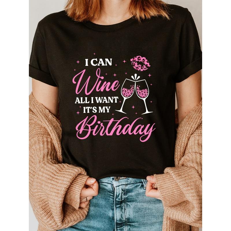 

Women s Funny Birthday Wine Print Tee Crew Neck Short Sleeve Casual Party Drinking Top 4XL чорний