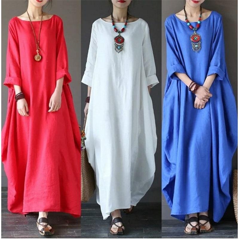Women's 3/4-sleeved round neck loose plus size long dress