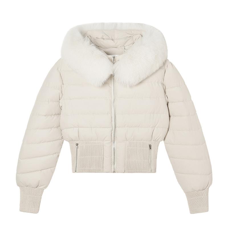 Dámský krátký bavlněný kabát s velkým kožešinovým límcem a kapucí na podzim a zimu, nový zesílený bavlněný kabát s designovým smyslem v pase, bunda