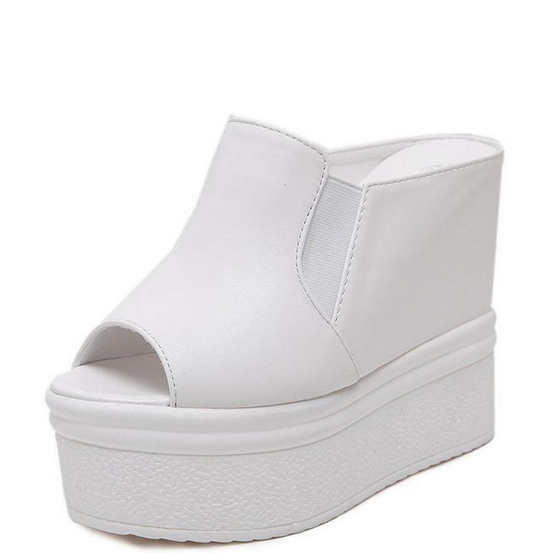 Fashion FHC14cm High Heels Wedges Sandals,Summer Shoe,Platforms Slides,Peep Toe Slippers,Microfiber Leather Slip On,Black,White,Dropship