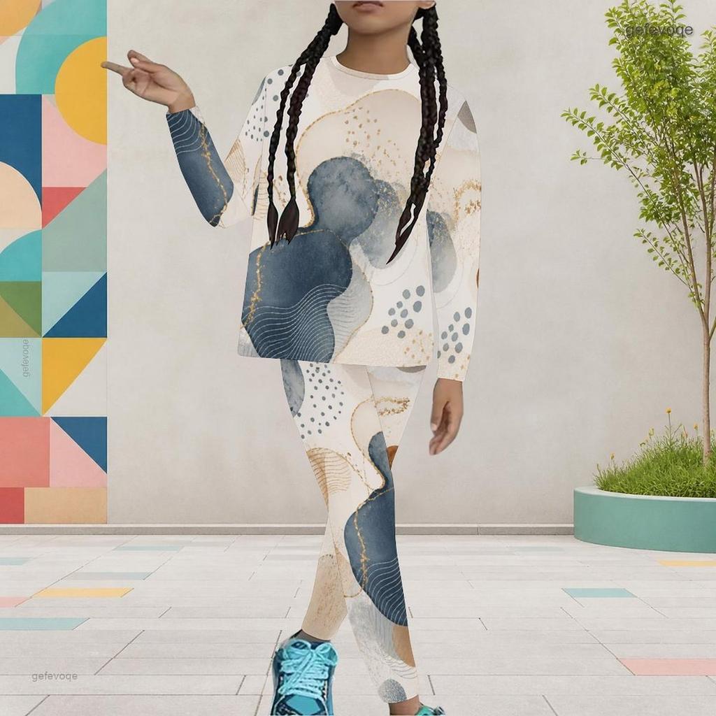 Girls Abstract Printed Round Neck Long Sleeve Top And Fitted Pants Two Piece Set