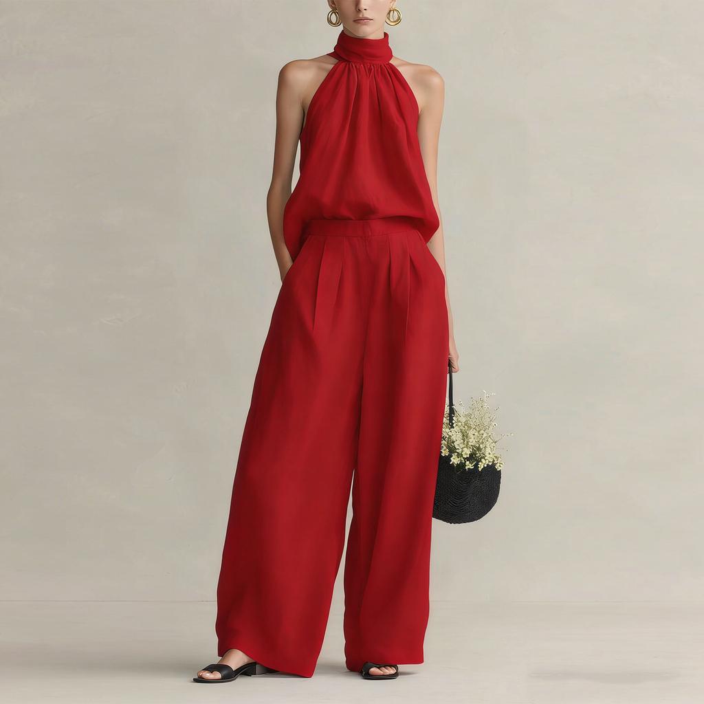 Damen ärmelloses Neckholder-Top und elastische Weitbein-Hose Zweiteiliges Set Baumwoll-Leinen Lässiges Outfit