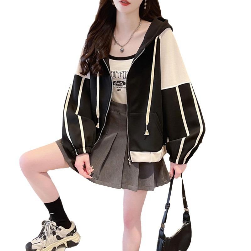 Autumn Women's Clashing Color Splicing Loose Hooded Zipper Jacket
