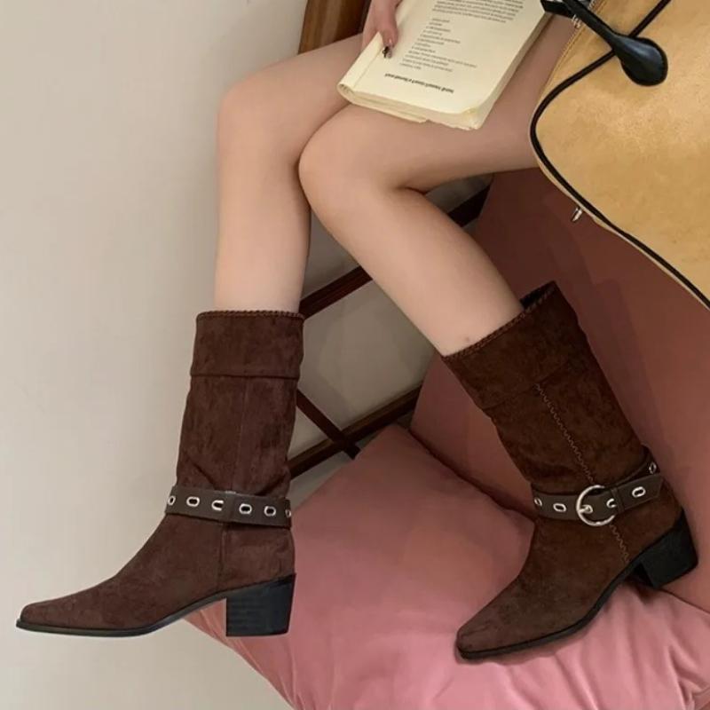Autumn Winter Suede Ankle Boots for Women Fashion Belt Buckle Design Chunky Heel Knight Boot Ladies Casual Outdoor Cowboy Boots