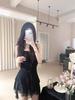 Elegant Black Spaghetti Strap Summer Mini Dress with Ruffle Skirt