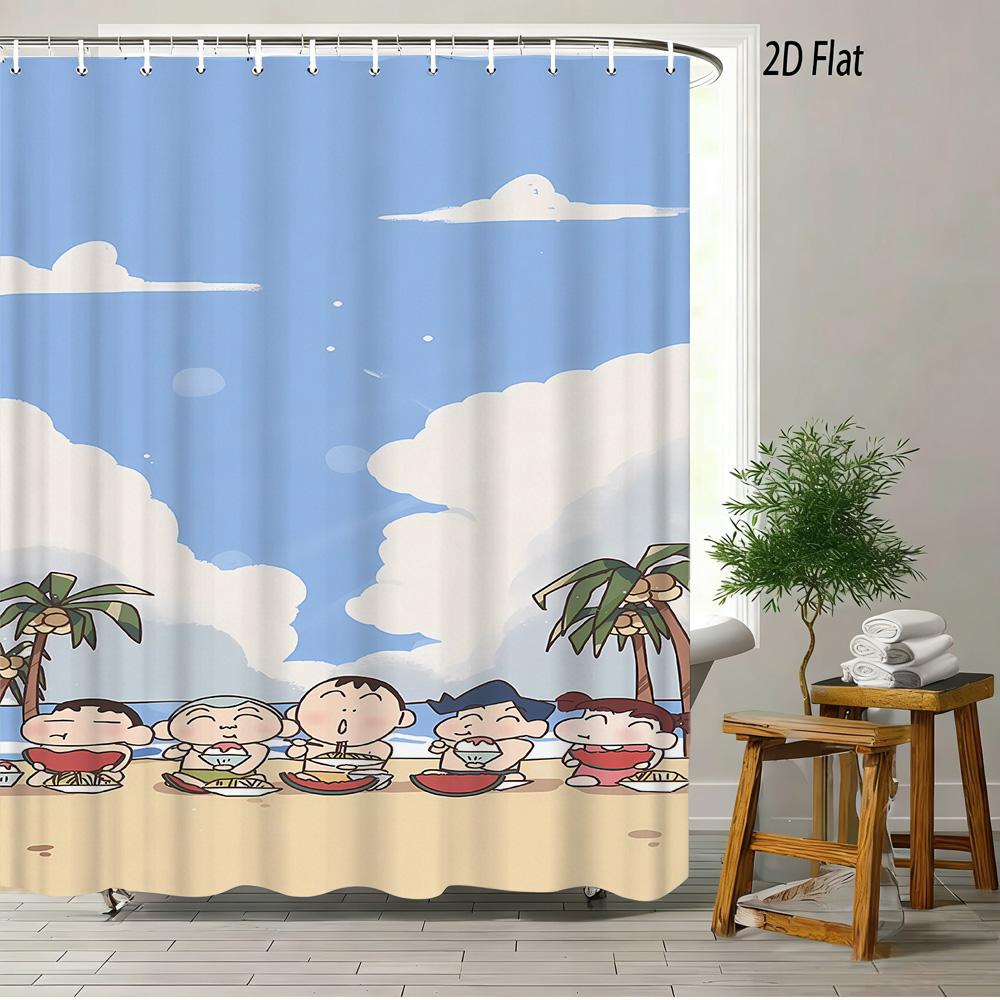 Crayon Shin-Chan & Himawari & Shiro & Leopard & Rooster Jungle Adventure Scene 2D Print Waterproof Shower Curtain, Bright Green
