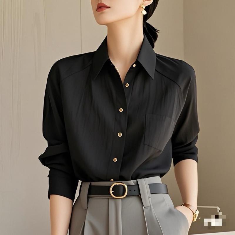 French Simple Versatile Polo Collar Long-sleeved Women Autumn Professional Temperament Bottoming Shirt