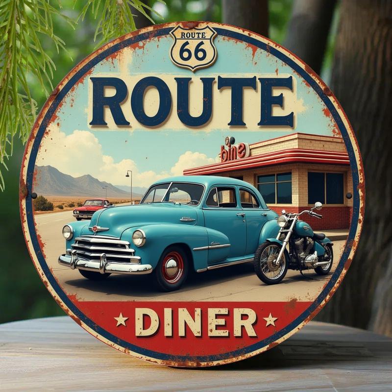 

2d Flat 20*20cm Circular Wooden Sign, Classic Scenery and Retro Car Logo of Highway 66, Unique, Durable, Easy To Hang Wooden Decoration, Suitable 20*20cm