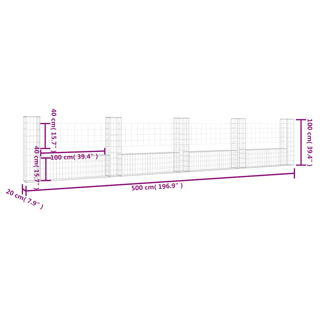 U Shaped Gabion Basket with 5 Posts Iron 500 X 20 X 100 Cm