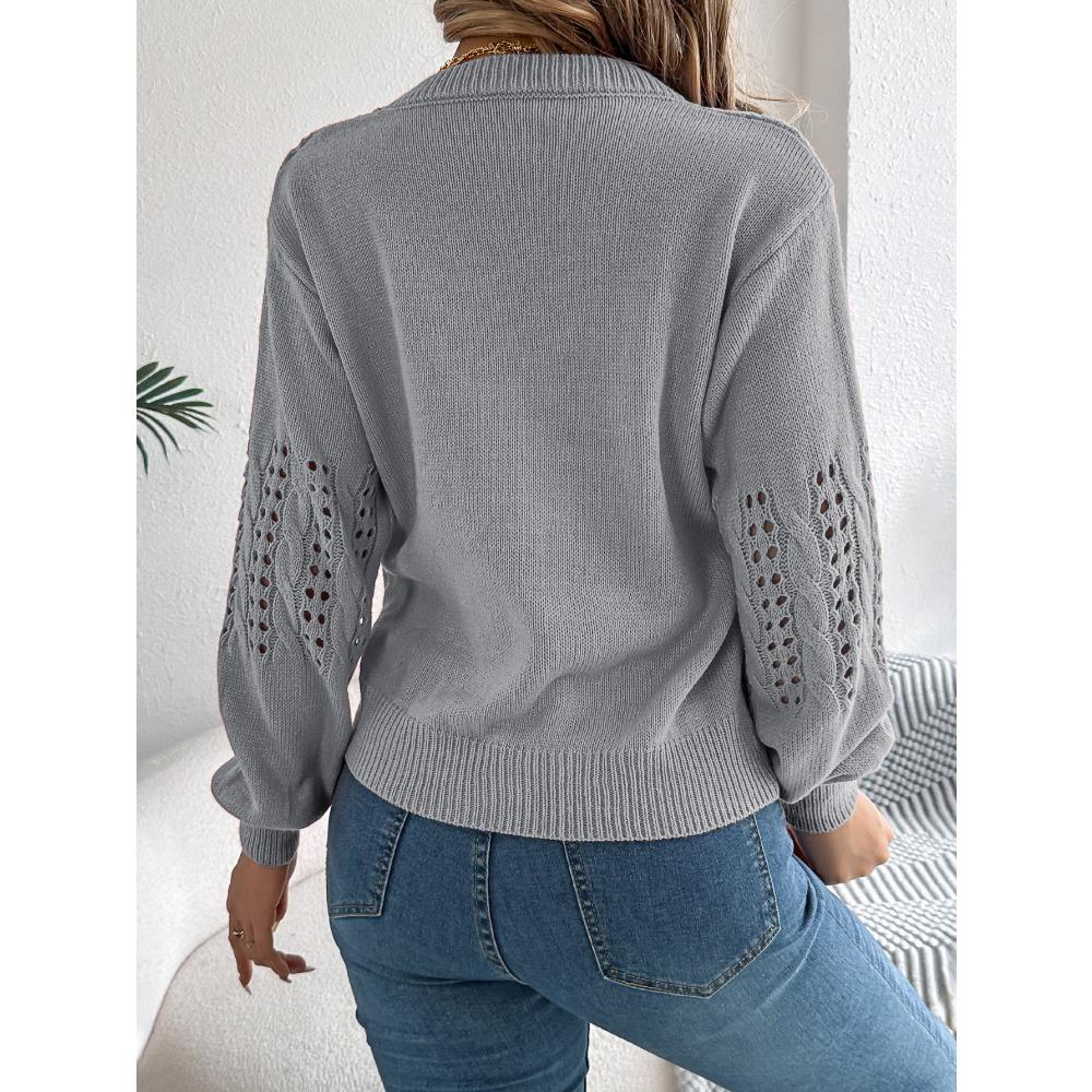 Women's Sweatshirt Casual Solid Colour Openwork Lantern Sleeve Pullover Knit Top
