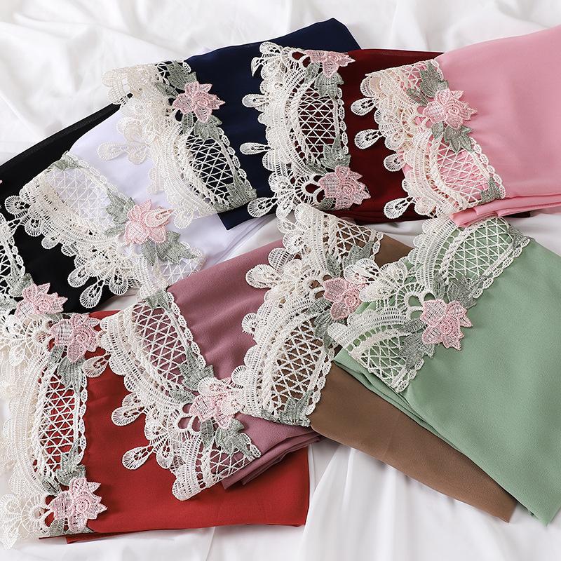 New Premium Pearl Chiffon Hijab Long Shawl Embroidered Lace Floral Muslim Women Wrap Headscarf 70X175Cm Abaya Islam Turban Femme