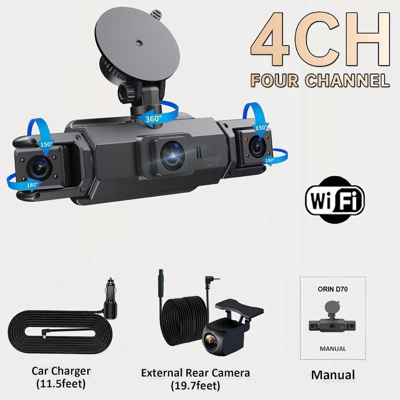 

Автомобільна відеореєстратор 4-канальна чорна коробка з WIFI FHD 1080P Передня камера водіння Ліва права задня нічне бачення Петля запису Автомобільні аксесуари 4Ch DVR 0G