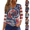 Women's Fashion Casual Independence Day American Flag Stars and Stripes Print Collar V-Neck Three-Quarter Sleeve Decorative Button-Up T-Shirt Top