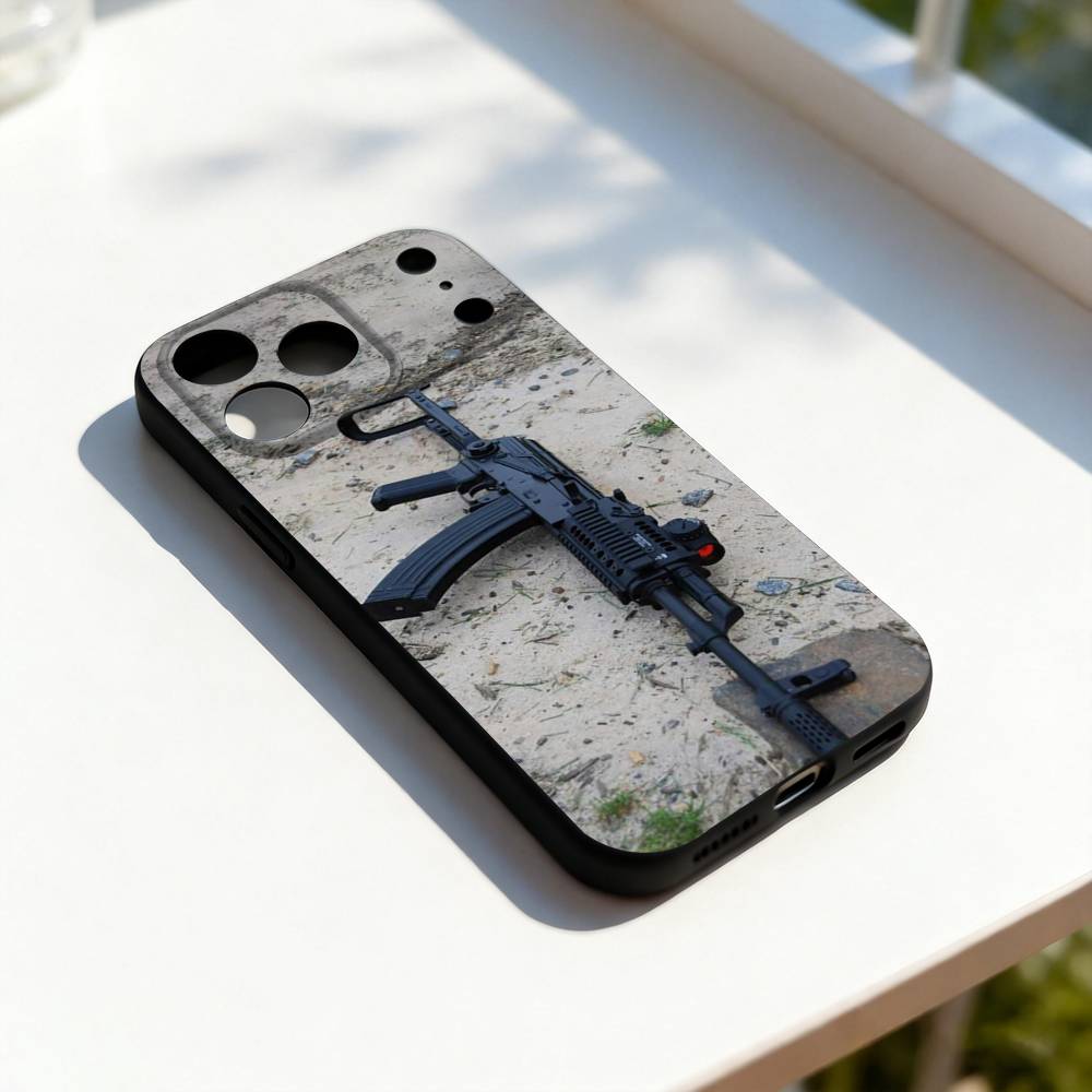 Gun AK47 Rifle M4A1 Cool Phone Case For iPhone 11,12,13,14,15,16,17,Pro,Max,Plus,E,SE4,Air,Mini Black Soft Cover