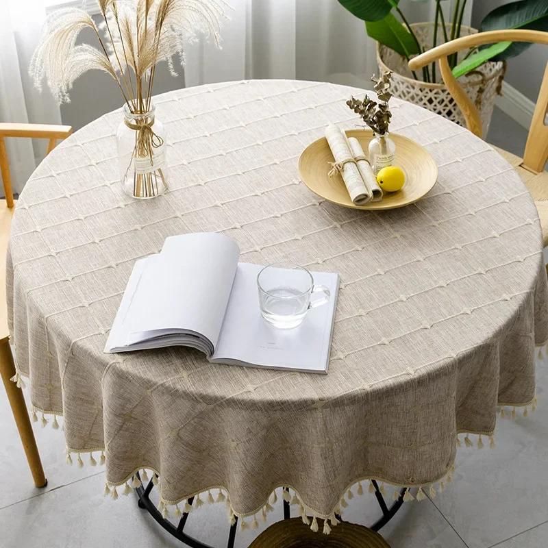 Solid Embroidery Lattice Tablecloth Cotton Linen Dust-Proof Checkered Table Cover For Kitchen Dinning Tabletop Decoration