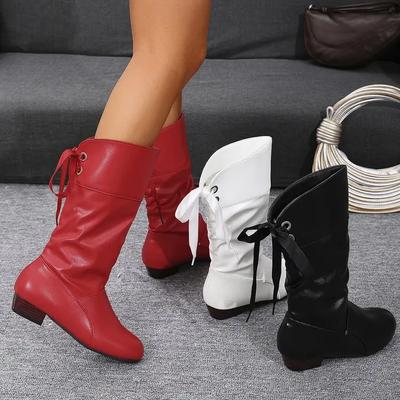 Shoes For Women  Spring Knee High Boots Red Black White Tall Boots Woman Pleated Low Heel Casual Leather Female Long Shoes