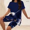 Women Plus Size Two Piece Outfit Eagle Print Round Neck Short Sleeve Split Top And Knee Length Pants