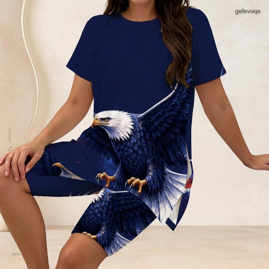 Women Plus Size Two Piece Outfit Eagle Print Round Neck Short Sleeve Split Top And Knee Length Pants