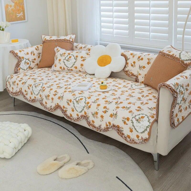 Cotton Printed L-shaped Sofa Cushion Wave Edge Anti Slip Settee Towel Universal All Year Round Lace Edge Sofa Cover  Pillowcase