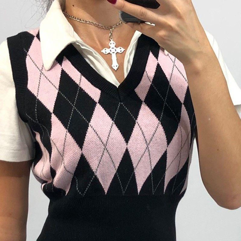 Holiday Autumn and Winter Personalized Fashion New Arrival Woolen Women's Clothing Sexy Plaid Color Contrast Short Sleeveless Vest Tops
