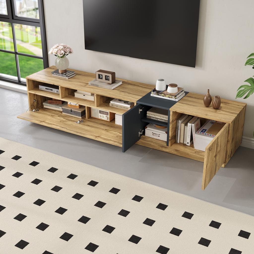 A modern TV stand in contrasting colors. With a simple, high-contrast design. With open compartments and cable openings. 200 cm
