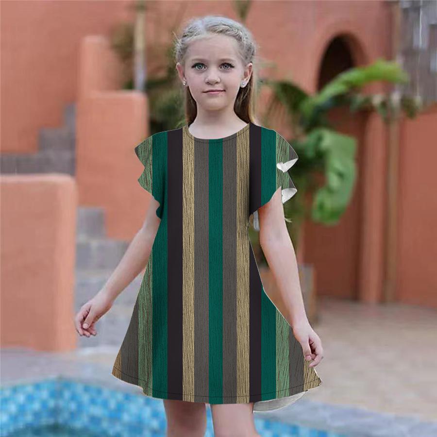 Girls Red Vertical Stripe Print Dresses Kids Girl Party Dress Loose Fitting Loose Fitting Short Sleeved Skirt For Girls Over Four Years Old