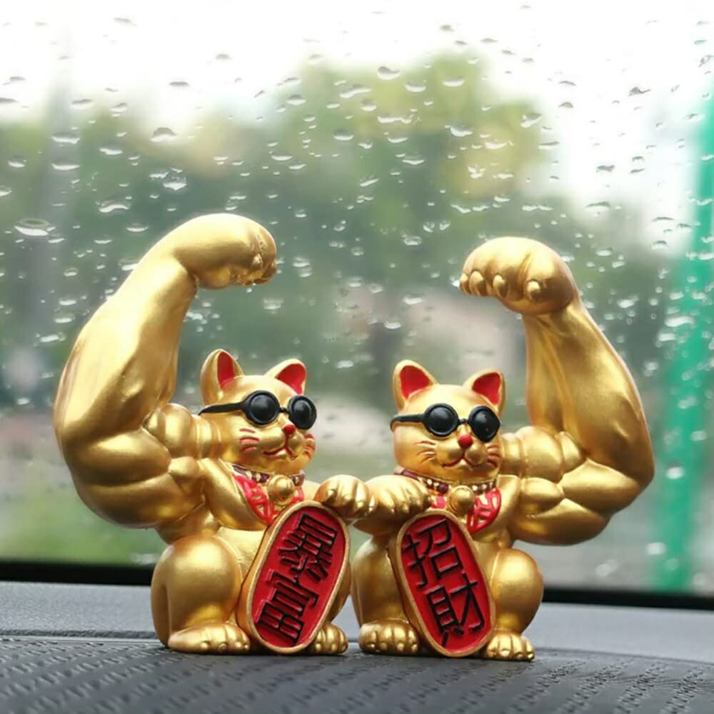 Feng Shui Figurine Muscle Maneki Neko Gold Set of 2 Blue collar maneki cats Gold Feng Shui Item Increase your fortune Gift Small gift Present [AiO