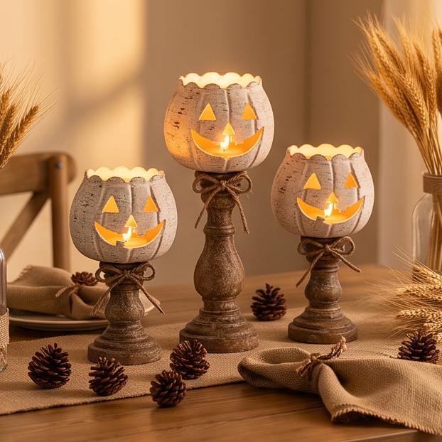Rustikální bílý dýňový držák na čajovou svíčku   Farmářské podzimní stolní dekorace na Halloween, Den díkůvzdání, Sezónní dekorace s víceúrovňovým designem lucerny