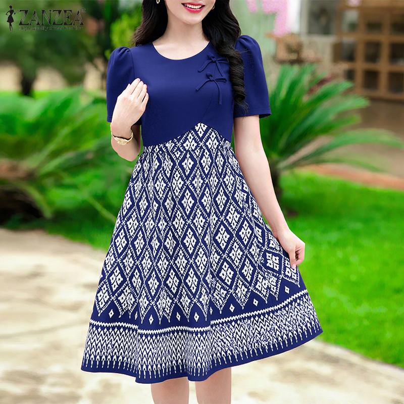 

ZANZEA Women Casual Round Neck Short Sleeve Print Dress S темно-синий